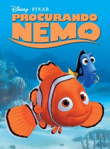 Pôster do filme Procurando Nemo: o peixinho-palhaço Nemo sorrindo em primeiro plano, com a Dory logo atrás.