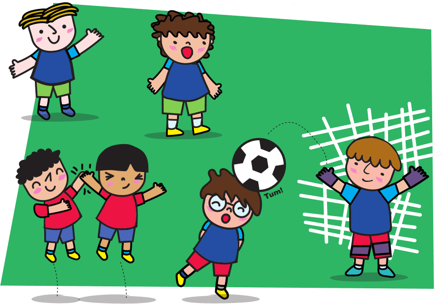 Os artilheiros jogando futebol no campinho: um menino comemora, outro chuta a bola em direção ao gol e a goleira abre os braços.