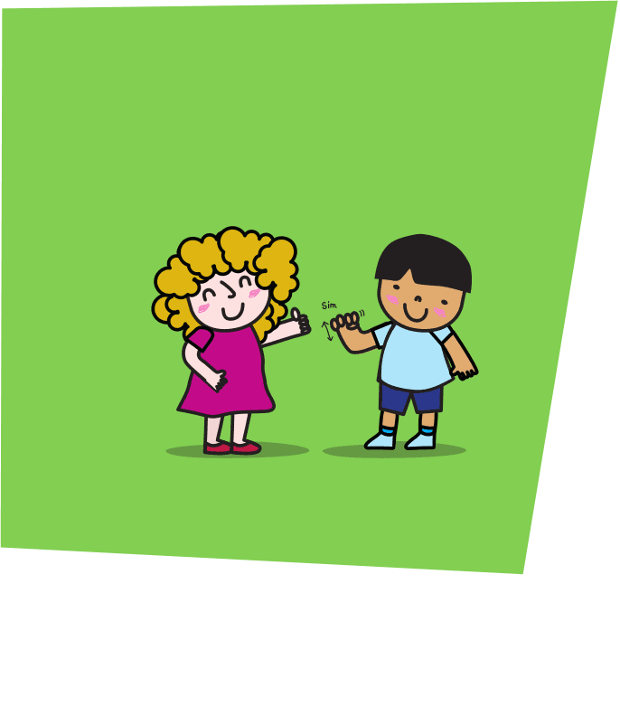 Duas crianças conversando em Libras: um menino faz o sinal de “sim” com a mão e uma menina responde com um gesto, os dois sorrindo.