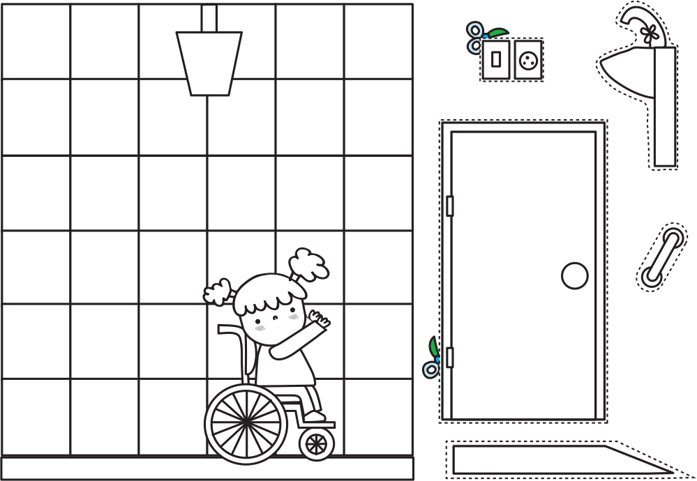 Cenário para colorir: a Diana, sentada em sua cadeira de rodas, acena diante de uma parede de tijolos. Ao lado, elementos de acessibilidade desenhados em traço com linha pontilhada para recortar: interruptor e tomada, chuveiro com barra, uma porta larga, uma barra de apoio e uma rampa.